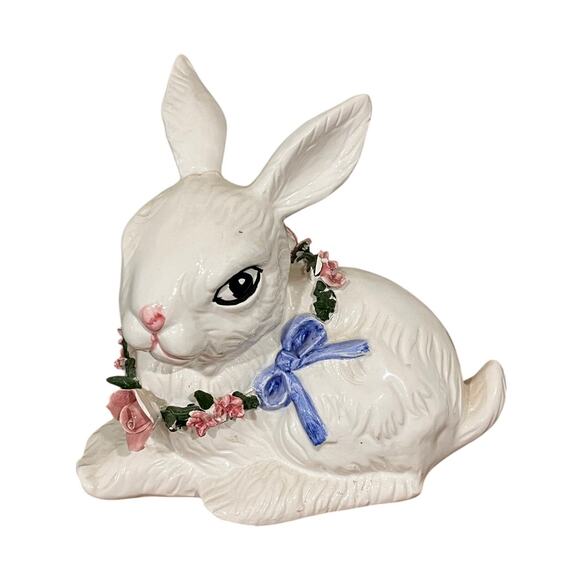 Vintage Ceramic Bunny Rabbit Figurine Floral Wreath Spring Easter Decor PR - Picture 1 of 11
